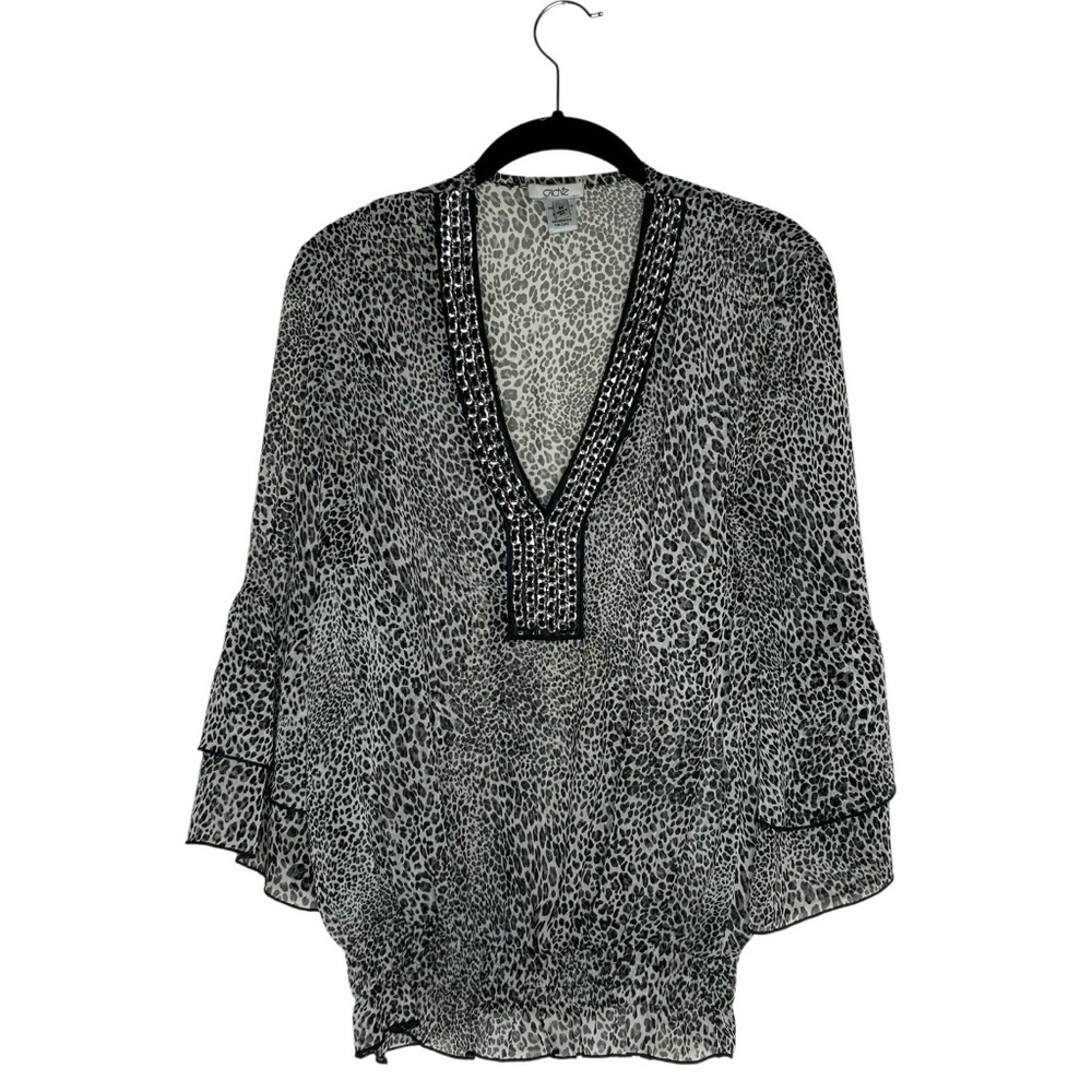 Cache Sheer Chic Black/White Animal Print Blouse Bell Sleeves Smock‎ Waist Sz M